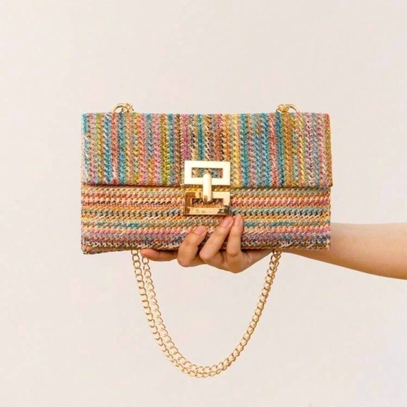 Metal-Lock Flap Gold Chain Braided Shoulder Bag - Picture 1 of 6